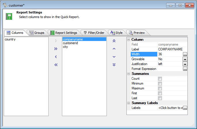 Quick Report Genie Columns